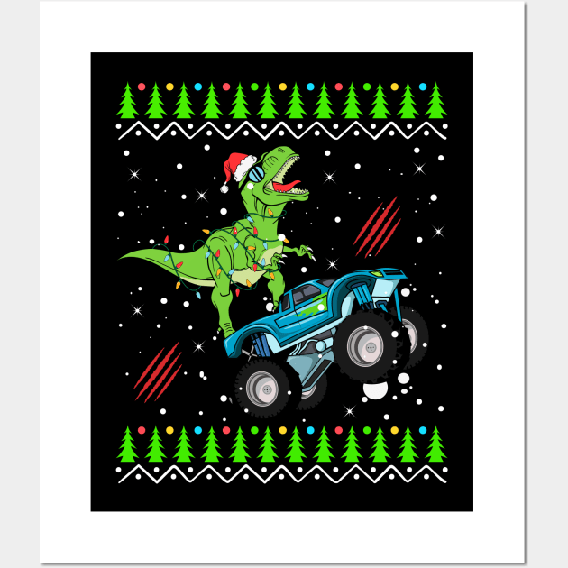 T Rex Monster Trucks Boys and Girls Santa Saurus Christmas Kids Boys Men Ugly Sweater Wall Art by teespringplus